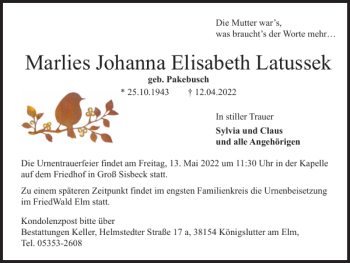 Traueranzeige von Marlies Johanna Elisabeth Latussek von Wolfsburger Nachrichten