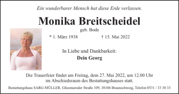 Traueranzeige von Monika Breitscheidel von Braunschweiger Zeitung