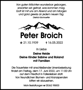 Traueranzeige von Peter Broich von Wolfsburger Nachrichten