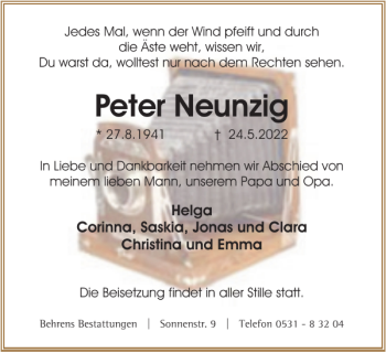 Traueranzeige von Peter Neunzig von Braunschweiger Zeitung
