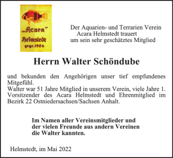 Traueranzeige von Walter Schöndube von Helmstedter Nachrichten