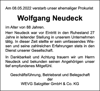 Traueranzeige von Wolfgang Neudeck von Salzgitter Zeitung