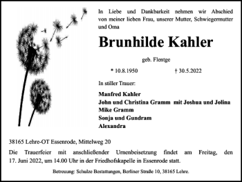 Traueranzeige von Brunhilde Kahler von Braunschweiger Zeitung