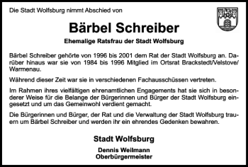 Traueranzeige von Bärbel Schreiber von Wolfsburger Nachrichten