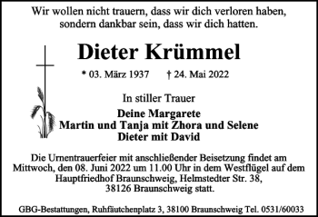 Traueranzeige von Dieter Krümmel von Braunschweiger Zeitung