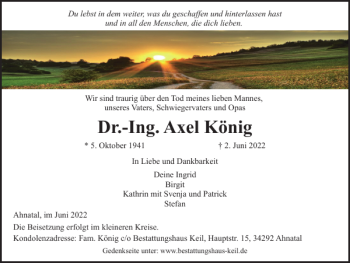 Traueranzeige von Dr.-Ing. Axel König von Wolfsburger Nachrichten