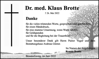 Traueranzeige von Dr. med. Klaus Brotte von Braunschweiger Zeitung