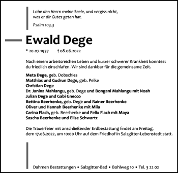Traueranzeige von Ewald Dege von Salzgitter Zeitung