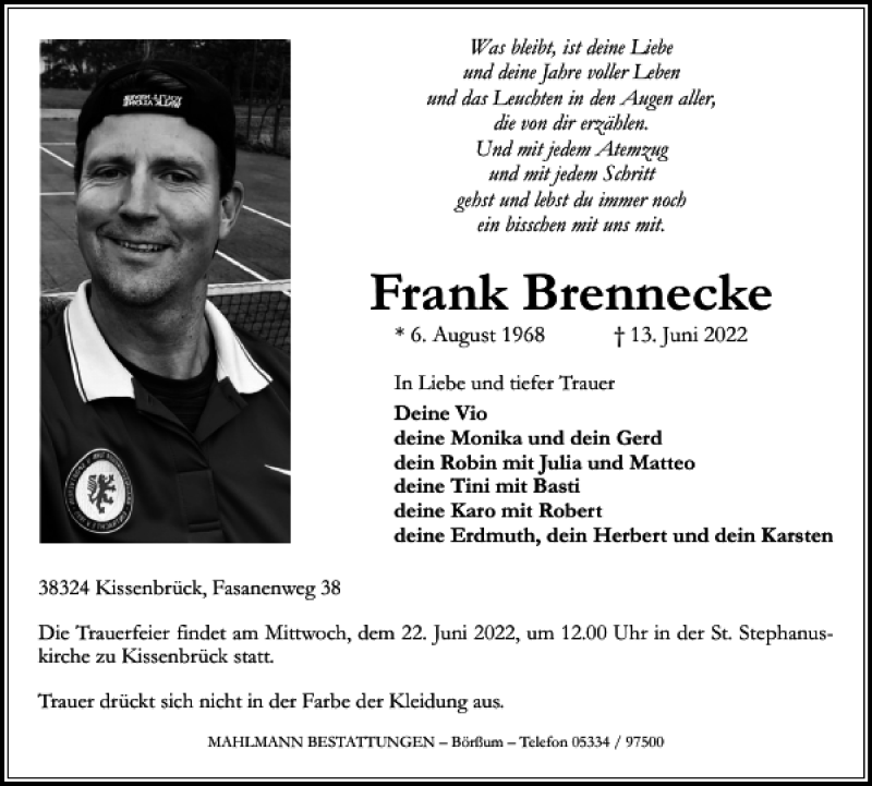  Traueranzeige für Frank Brennecke vom 18.06.2022 aus Braunschweiger Zeitung