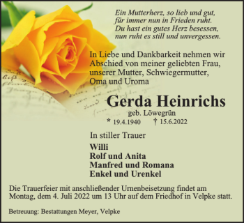 Traueranzeige von Gerda Heinrichs von Helmstedter Nachrichten