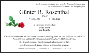 Traueranzeige von Günter R. Rosenthal von Braunschweiger Zeitung