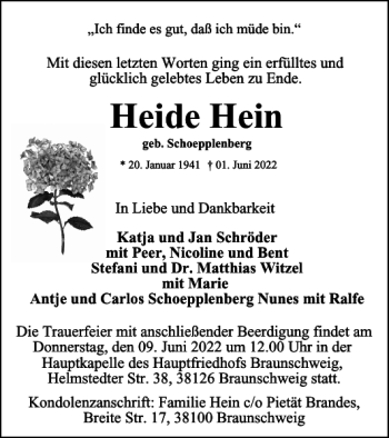 Traueranzeige von Heide Hein von Braunschweiger Zeitung