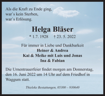 Traueranzeige von Helga Bläser von Braunschweiger Zeitung