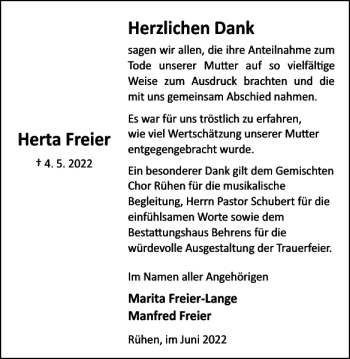 Traueranzeige von Herta Freier von Wolfsburger Nachrichten