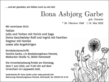 Traueranzeige von Ilona Garbe von Helmstedter Nachrichten
