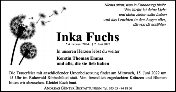 Traueranzeige von Inka Fuchs von Braunschweiger Zeitung