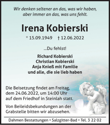 Traueranzeige von Irena Kobierski von Salzgitter Zeitung