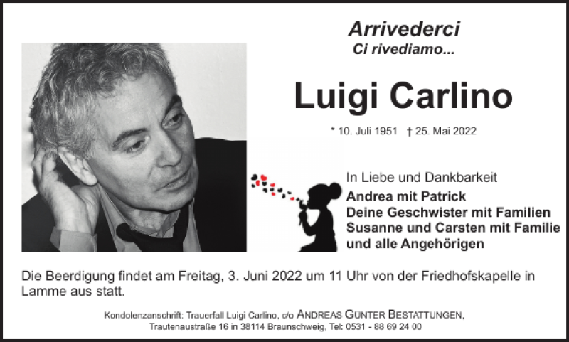  Traueranzeige für Luigi Carlino vom 01.06.2022 aus Braunschweiger Zeitung