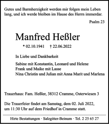 Traueranzeige von Manfred Heßler von Wolfenbütteler Zeitung