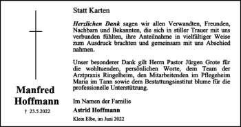 Traueranzeige von Manfred Hoffmann von Salzgitter Zeitung