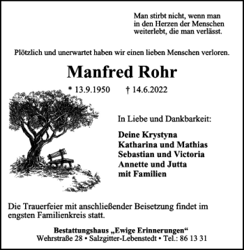 Traueranzeige von Manfred Rohr von Salzgitter Zeitung