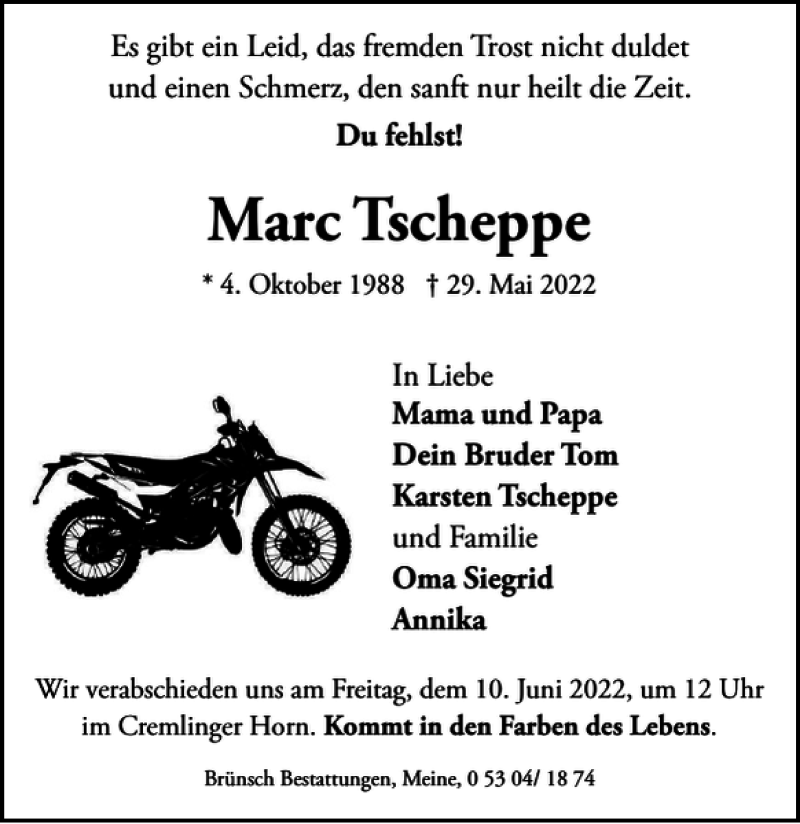  Traueranzeige für Marc Tscheppe vom 01.06.2022 aus Braunschweiger Zeitung