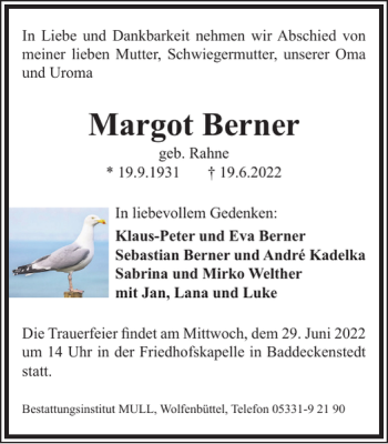 Traueranzeige von Margot Berner von Salzgitter Zeitung