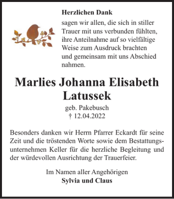 Traueranzeige von Marlies Johanna Elisabeth Latussek von Wolfsburger Nachrichten