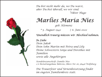 Traueranzeige von Marlies Maria Nies von Wolfsburger Nachrichten