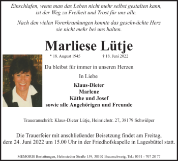 Traueranzeige von Marliese Lütje von Braunschweiger Zeitung