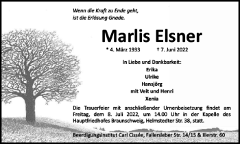 Traueranzeige von Marlis Elsner von Braunschweiger Zeitung