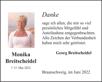 Traueranzeige von Monika Breitscheidel von Braunschweiger Zeitung