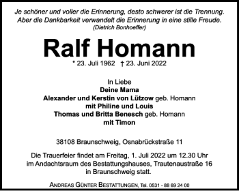 Traueranzeige von Ralf Homann von Braunschweiger Zeitung