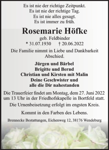 Traueranzeige von Rosemarie Höfke von Peiner Nachrichten