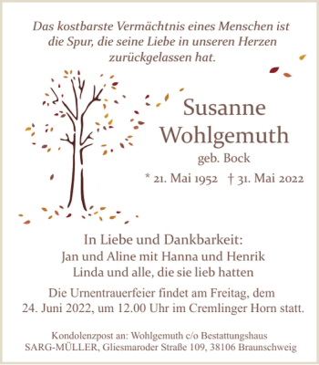 Traueranzeige von Susanne Wohlgemuth von Braunschweiger Zeitung