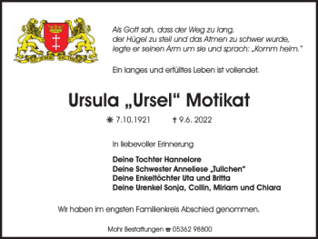 Traueranzeige von Ursula Ursel Motikat von Wolfsburger Nachrichten