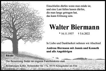Traueranzeige von Walter Biermann von Helmstedter Nachrichten