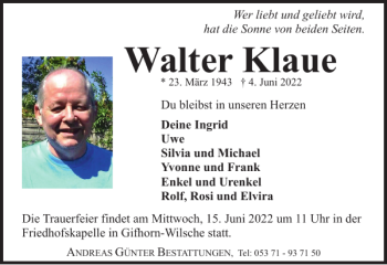 Traueranzeige von Walter Klaue von Braunschweiger Zeitung