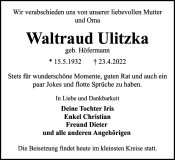 Traueranzeige von Waltraud Ulitzka von Braunschweiger Zeitung