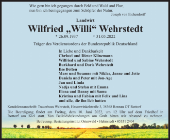 Traueranzeige von Wilfried Willi Wehrstedt von Helmstedter Nachrichten