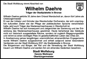 Traueranzeige von Wilhelm Daehre von Wolfsburger Nachrichten
