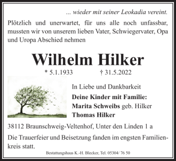 Traueranzeige von Wilhelm Hilker von Braunschweiger Zeitung