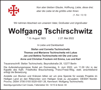 Traueranzeige von Wolfgang Tschirschwitz von Braunschweiger Zeitung
