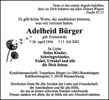 Traueranzeige von Adelheid Bürger von Braunschweiger Zeitung