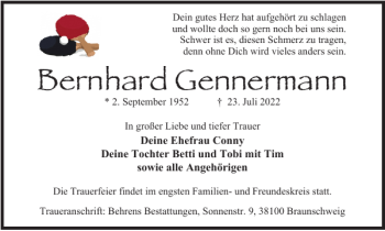 Traueranzeige von Bernhard Gennermann von Braunschweiger Zeitung