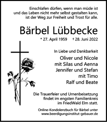 Traueranzeige von Bärbel Lübbecke von Helmstedter Nachrichten