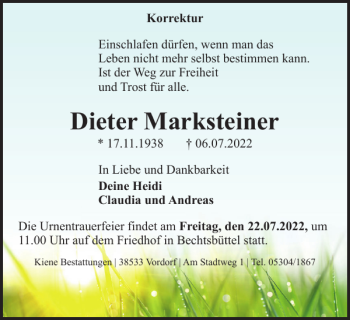 Traueranzeige von Dieter Marksteiner von Braunschweiger Zeitung