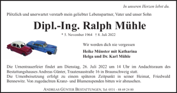 Traueranzeige von Dipl.-Ing. Ralph Mühle von Braunschweiger Zeitung