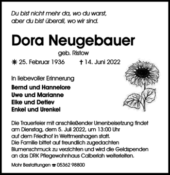 Traueranzeige von Dora Neugebauer von Wolfsburger Nachrichten