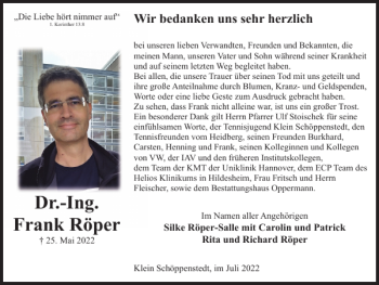 Traueranzeige von Dr.-Ing. Frank Röper von Wolfsburger Nachrichten